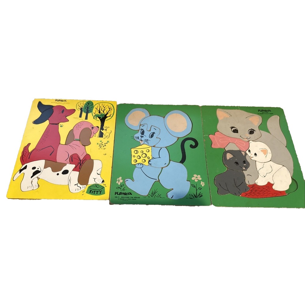 3 Vintage  PLAYSKOOL Wooden Puzzles~Dogs Kittens~Moocher the Mouse~Reddy Fox~70s